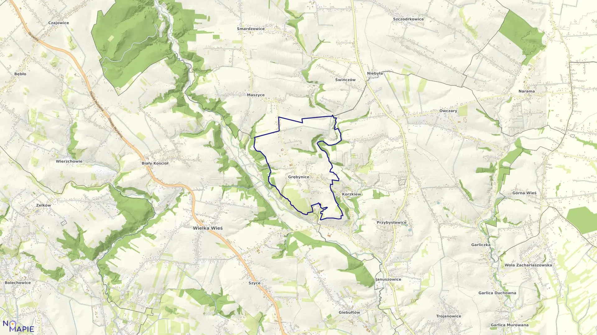 Mapa obrębu Grębynice w gminie Zielonki
