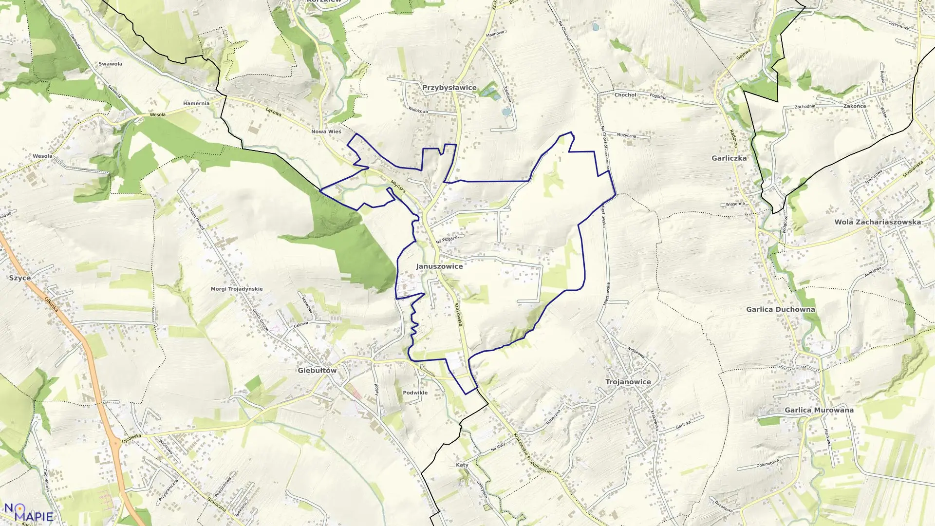 Mapa obrębu Januszowice w gminie Zielonki