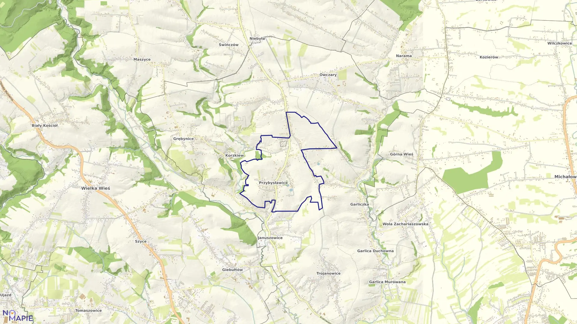 Mapa obrębu Przybysławice w gminie Zielonki