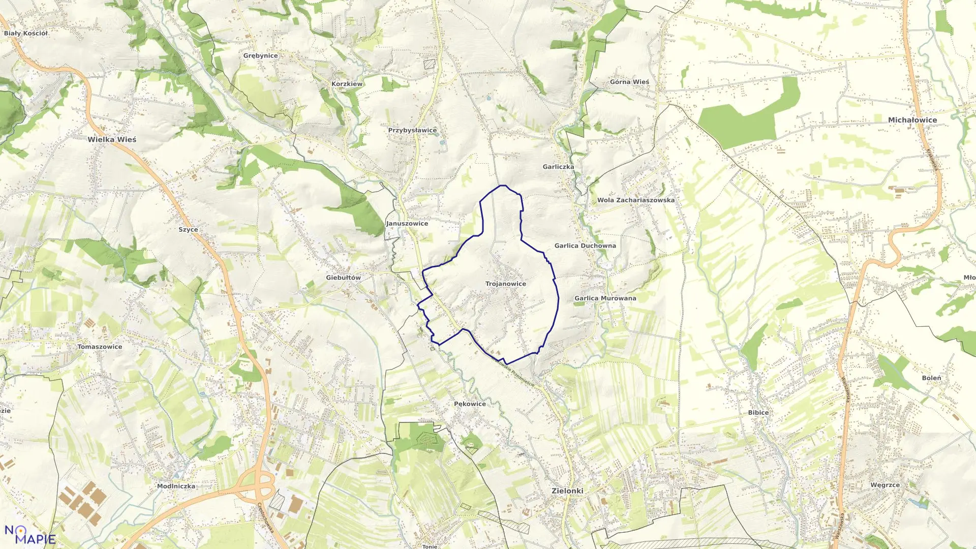 Mapa obrębu Trojanowice w gminie Zielonki